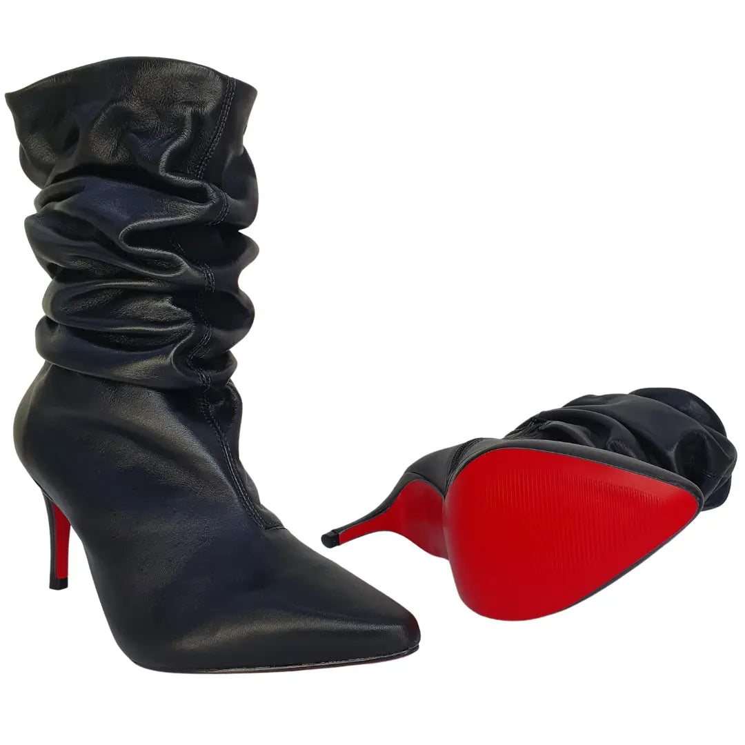 Bota Slouch Couro Legítimo Preto Fosco Salto Alto 8cm Sola Vermelha