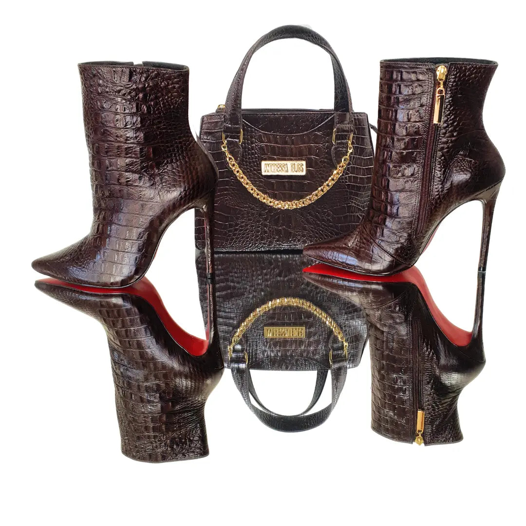 Bota Couro Legítimo Marrom Café Croco Salto Alto 12cm Sola Vermelha