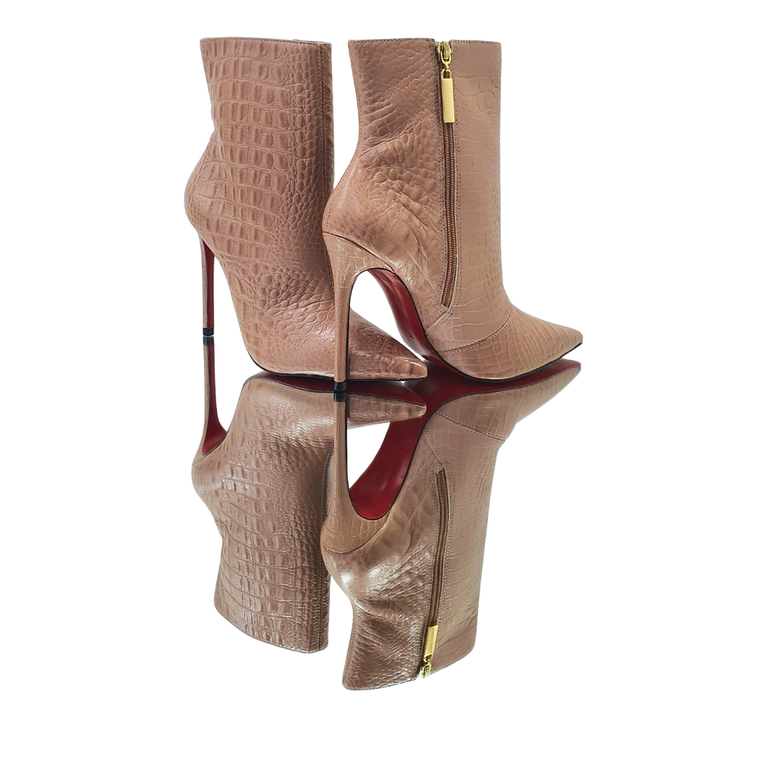 Bota Couro Legítimo Nude Croco Salto Alto 12cm Sola Vermelha
