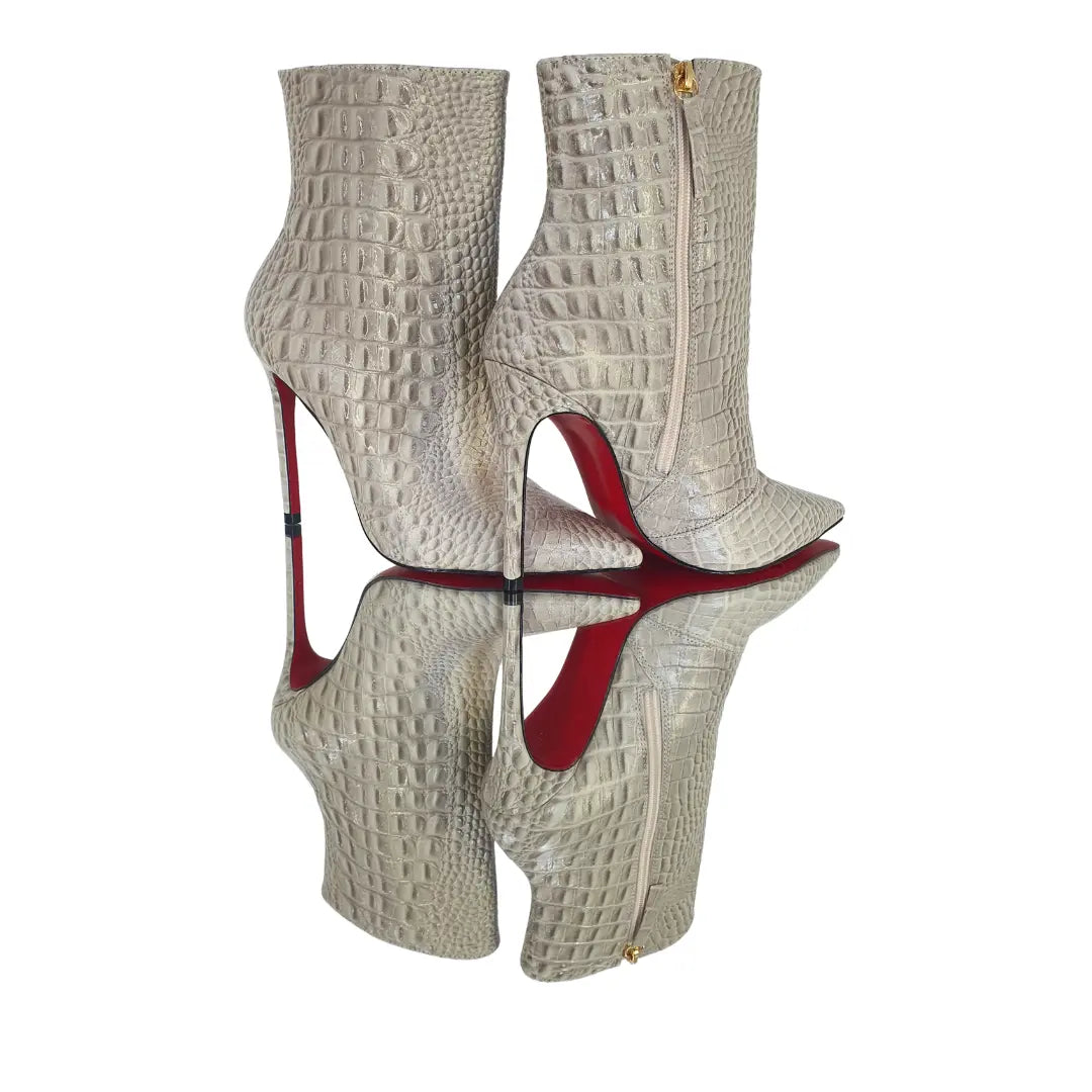 Bota Couro Legítimo Croco Salto Alto 12cm Sola Vermelha