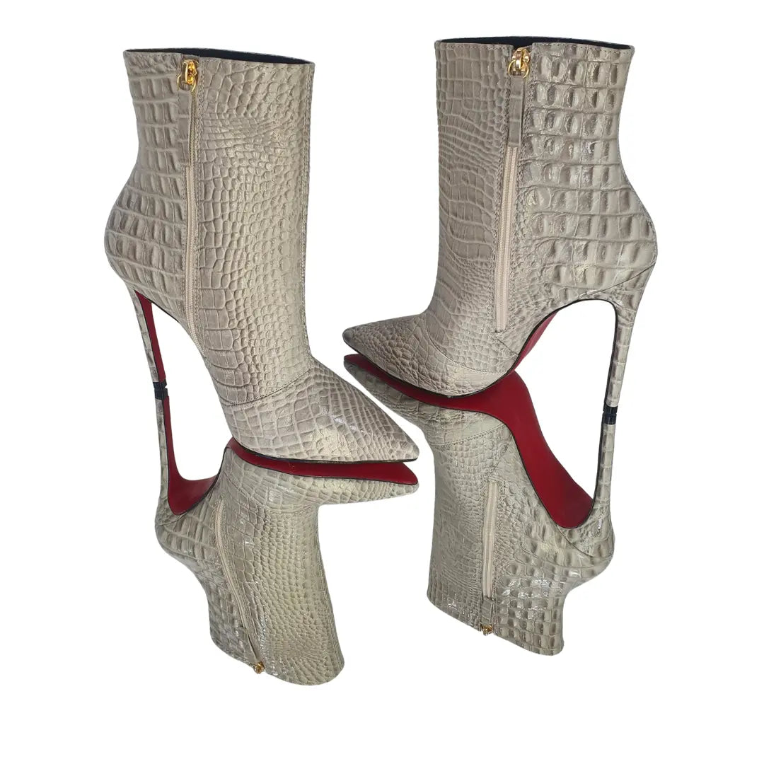 Bota Couro Legítimo Croco Salto Alto 12cm Sola Vermelha