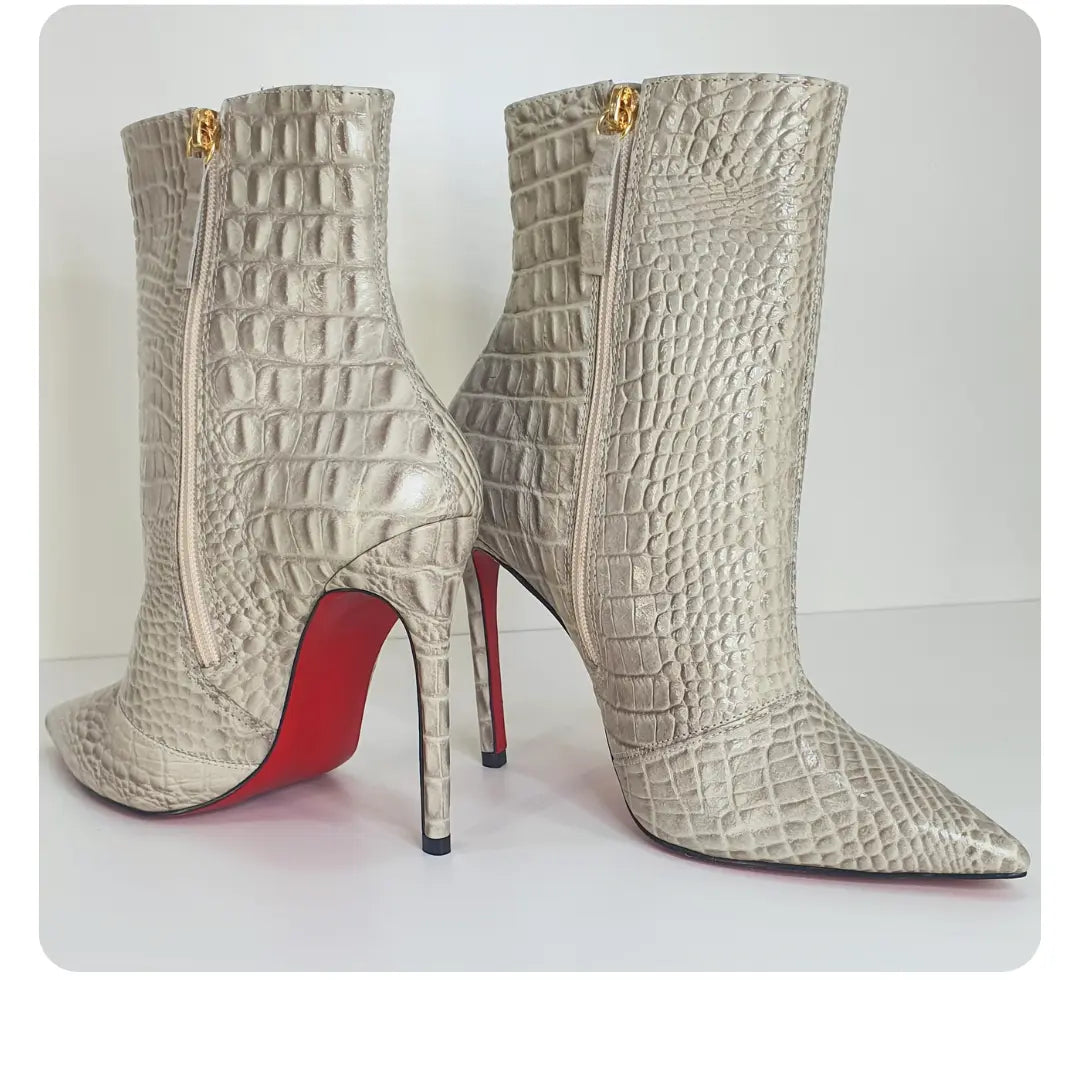 Bota Couro Legítimo Croco Salto Alto 12cm Sola Vermelha