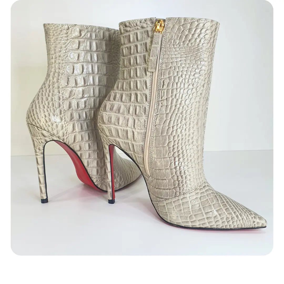 Bota Couro Legítimo Croco Salto Alto 12cm Sola Vermelha