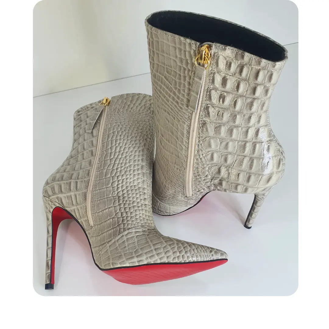 Bota Couro Legítimo Croco Salto Alto 12cm Sola Vermelha