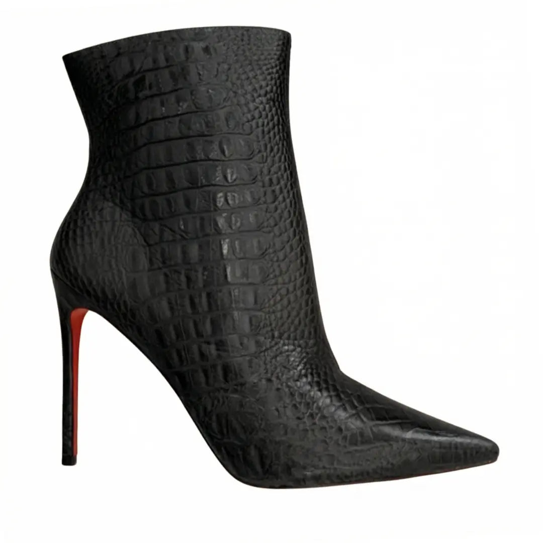 Bota Couro Legítimo Preto Croco Salto Alto 12cm Sola Vermelha