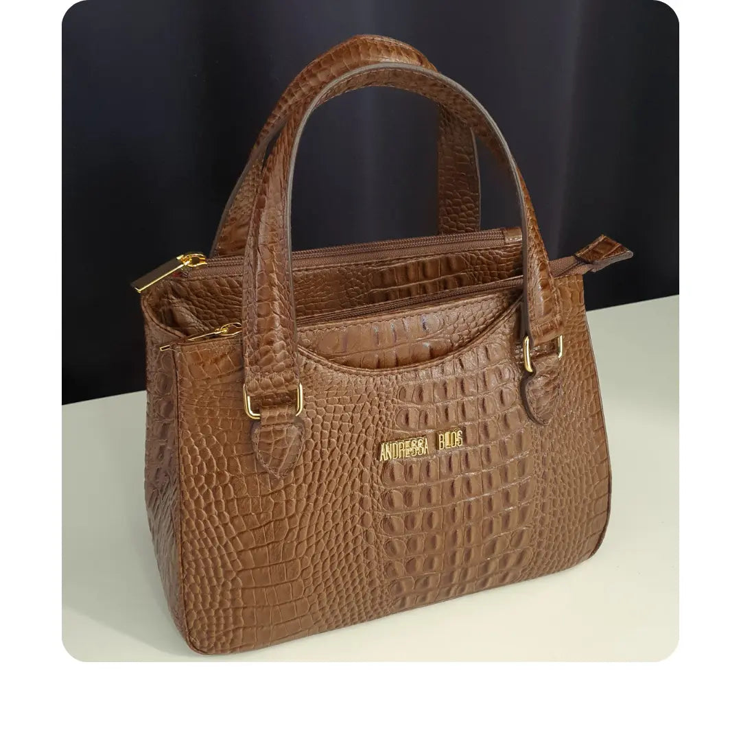 Bolsa Couro Legítimo Caramelo Croco Com Alça de Mão e Tiracolo Removível