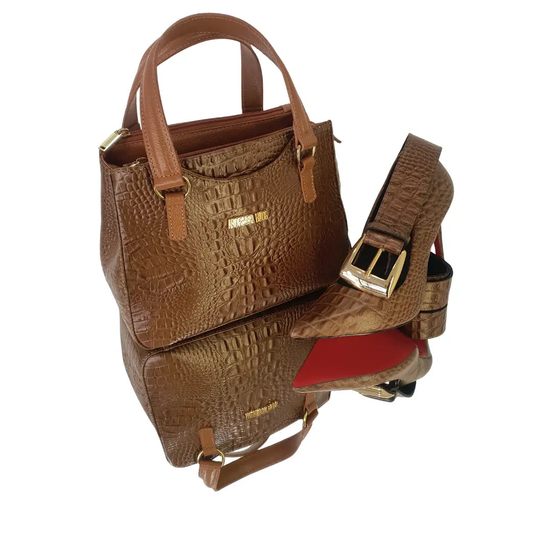 Bolsa Couro Legítimo Caramelo Croco Com Alça de Mão e Tiracolo Removível