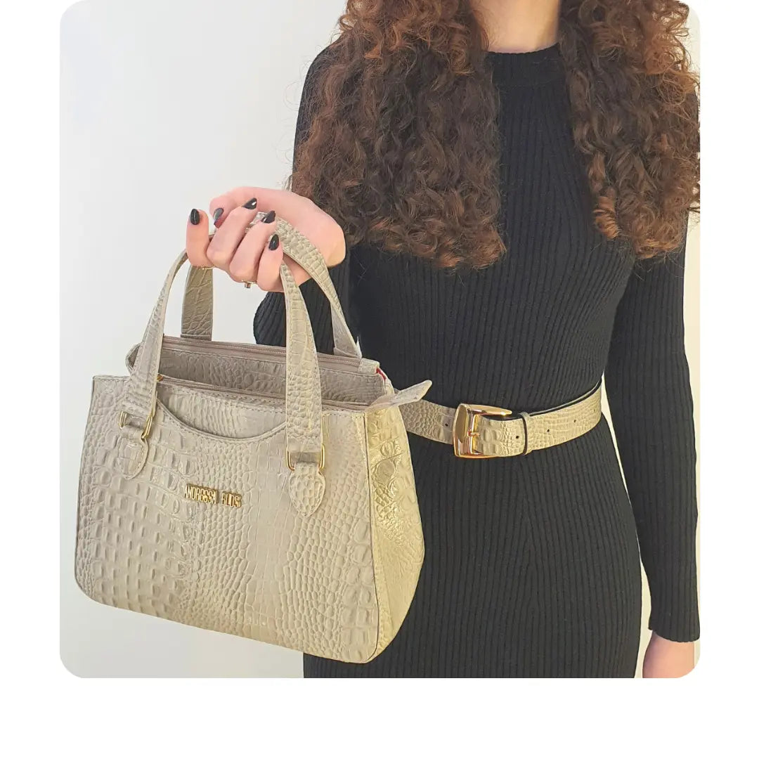 Bolsa Couro Legítimo Off White Croco Com Alça de Mão e Tiracolo Removível