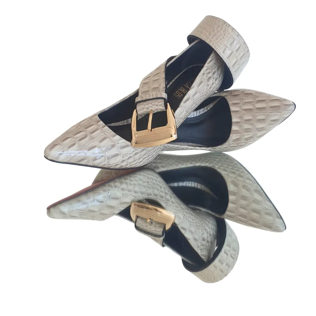 Kit Scarpin e Cinto Couro Legítimo Off White Croco Salto Alto 10cm Sola Vermelha