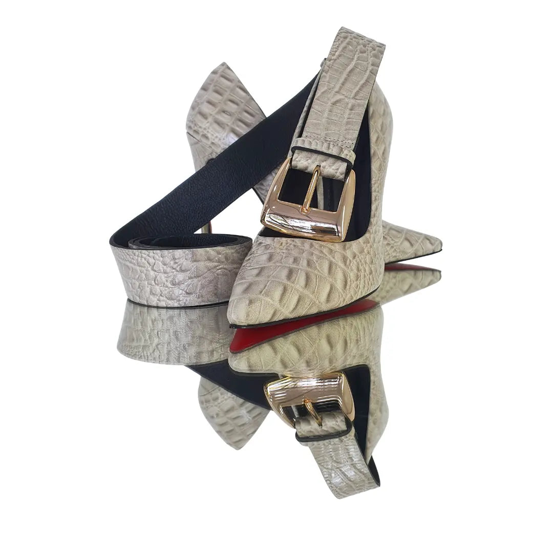 Kit Scarpin e Cinto Couro Legítimo Off White Croco Salto Alto 12cm Sola Vermelha