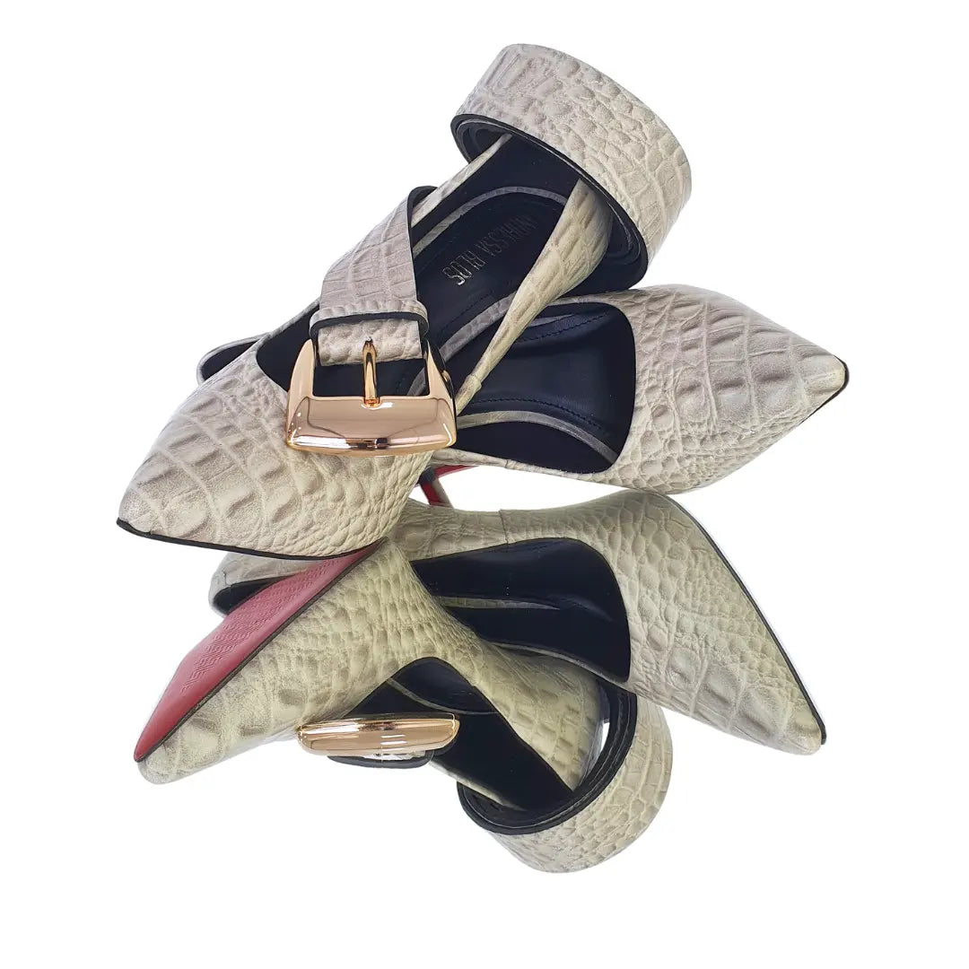 Kit Scarpin e Cinto Couro Legítimo Off White Croco Salto Alto 12cm Sola Vermelha