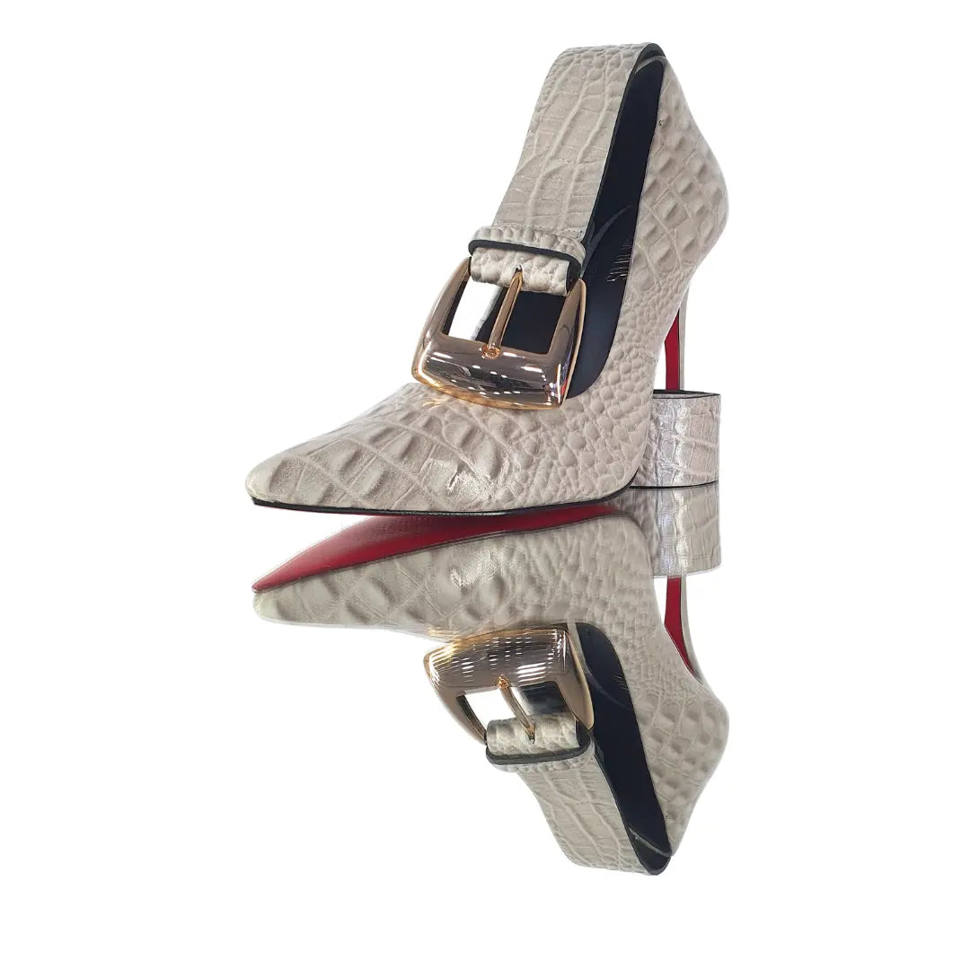 Kit Scarpin e Cinto Couro Legítimo Off White Croco Salto Alto 12cm Sola Vermelha