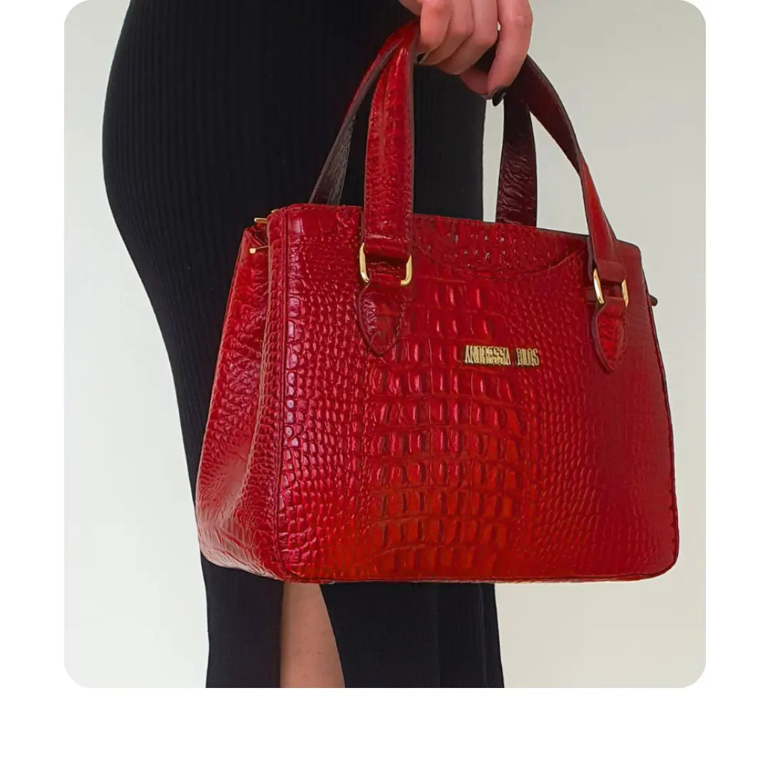 Bolsa Couro Legítimo Vermelho Croco Com Alça de Mão e Tiracolo Removível
