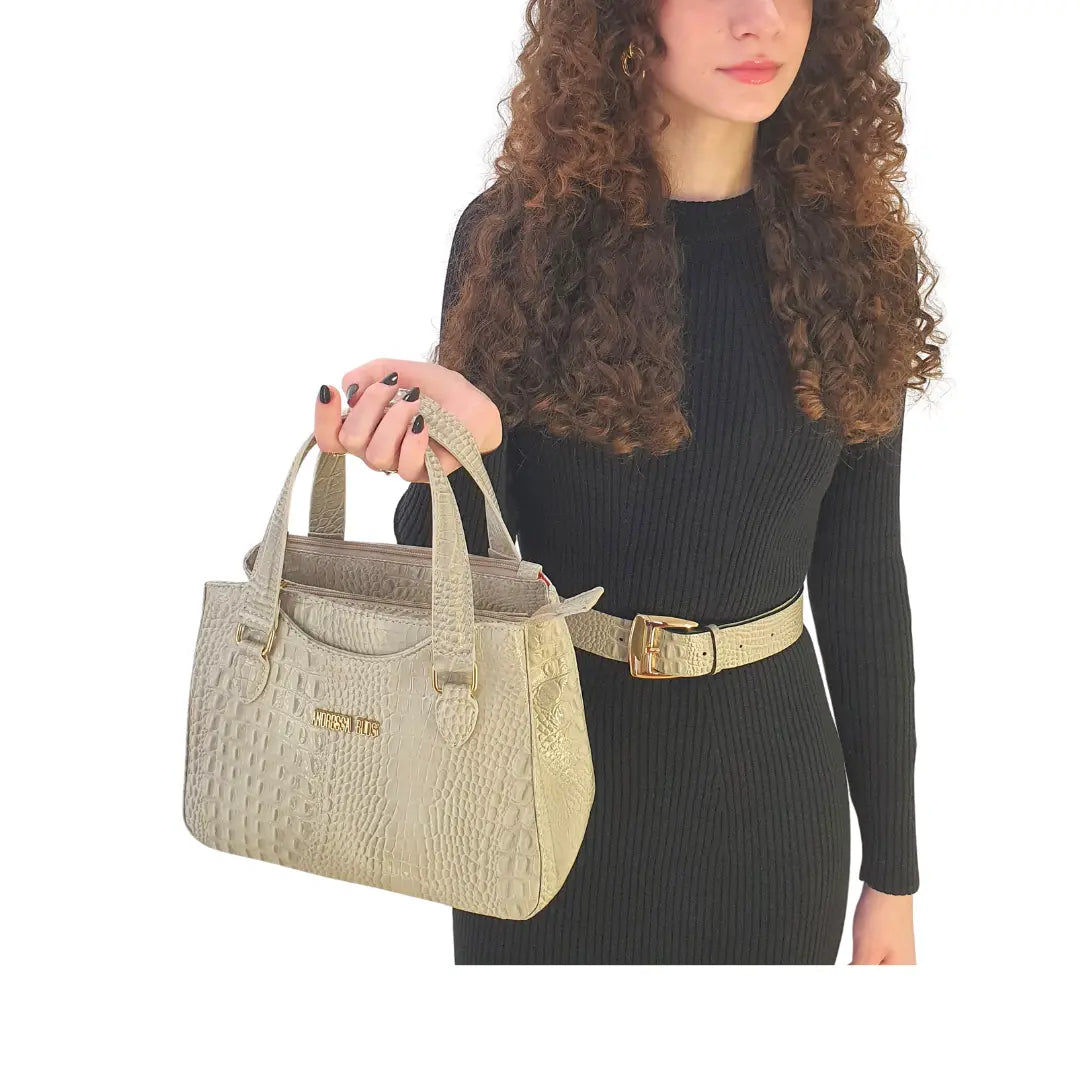 Bolsa Couro Legítimo Off White Croco Com Alça de Mão e Tiracolo Removível