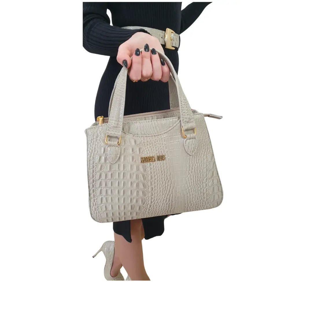 Bolsa Couro Legítimo Off White Croco Com Alça de Mão e Tiracolo Removível