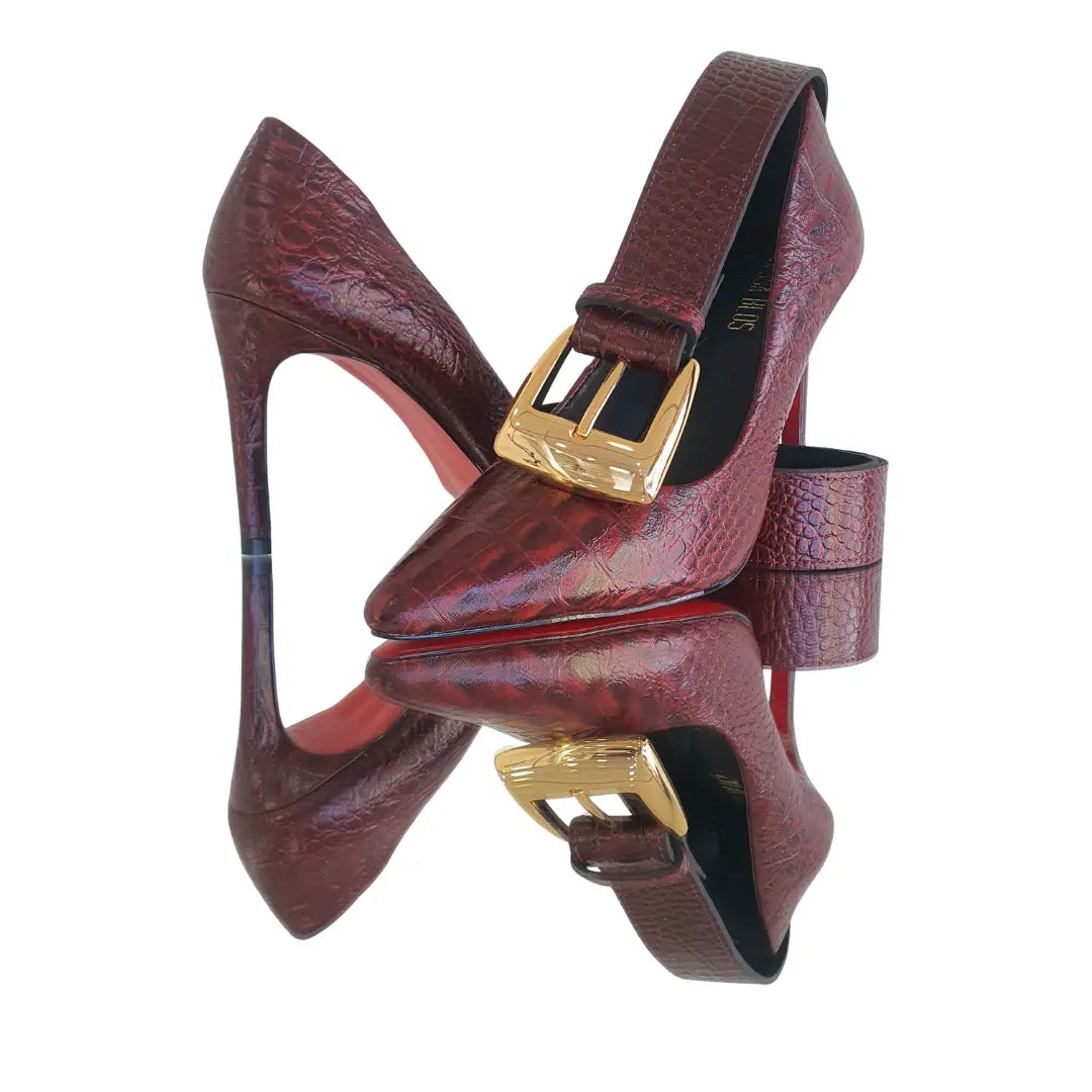 Kit Scarpin e Cinto Couro Legítimo Marsala Croco Salto Alto 10cm Sola Vermelha