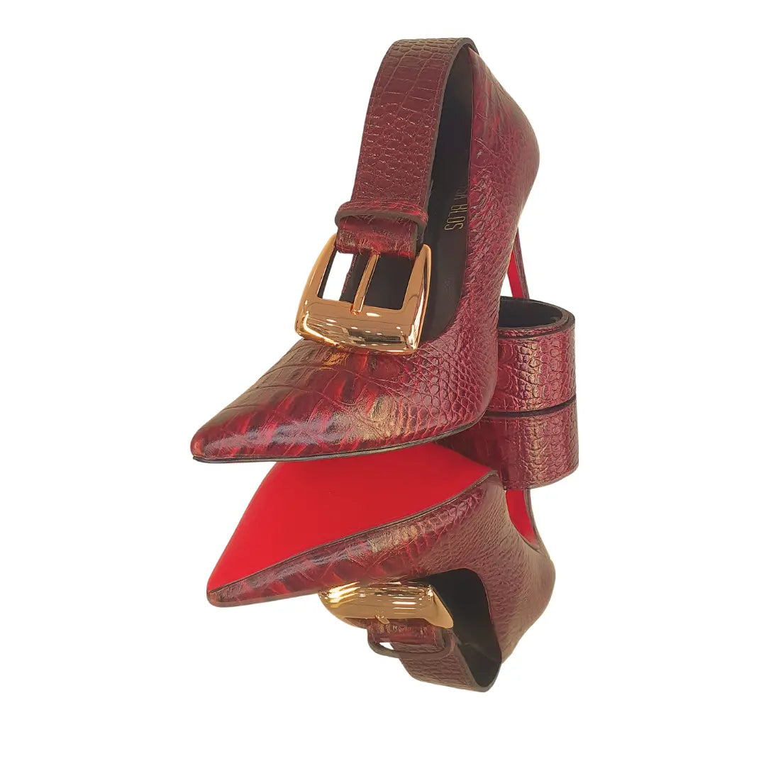 Kit Scarpin e Cinto Couro Legítimo Vinho Croco Salto Alto 12cm Sola Vermelha