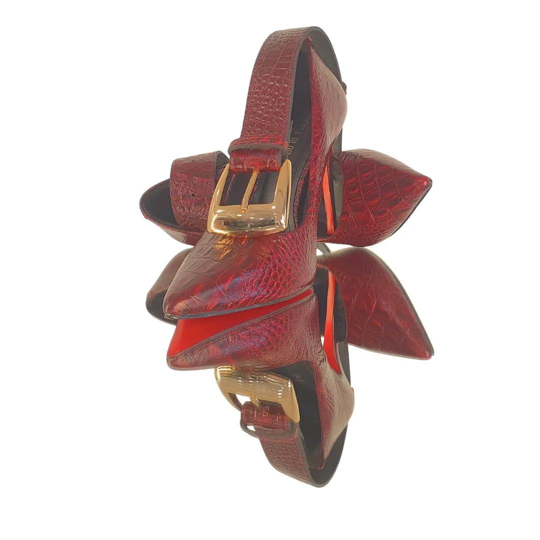 Kit Scarpin e Cinto Couro Legítimo Vinho Croco Salto Alto 12cm Sola Vermelha
