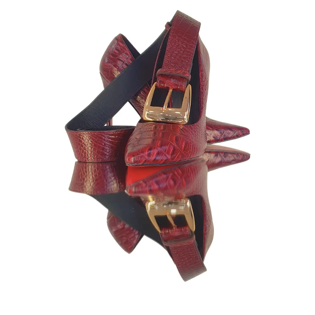 Kit Scarpin e Cinto Couro Legítimo Vinho Croco Salto Alto 12cm Sola Vermelha
