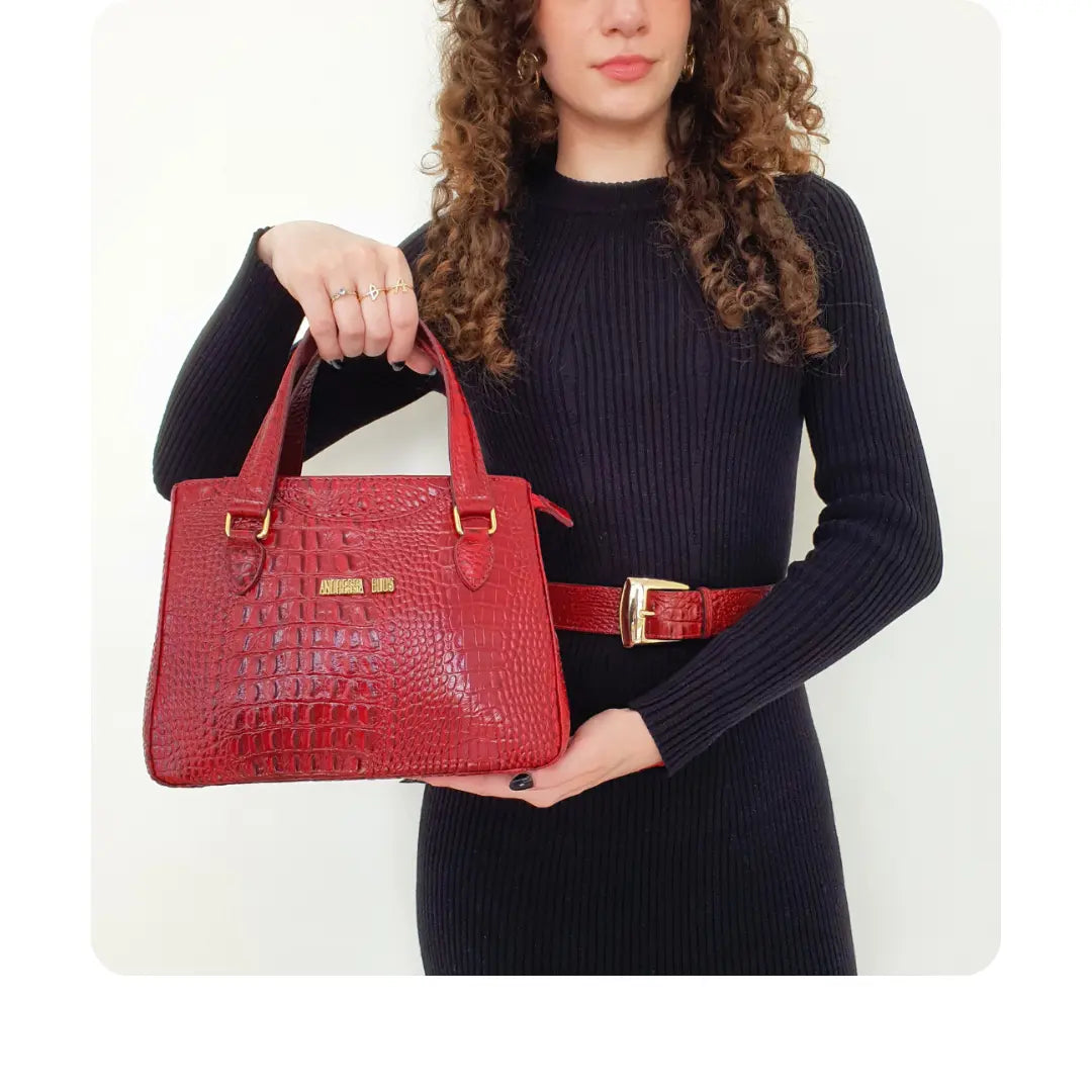 Bolsa Couro Legítimo Vermelho Croco Com Alça de Mão e Tiracolo Removível