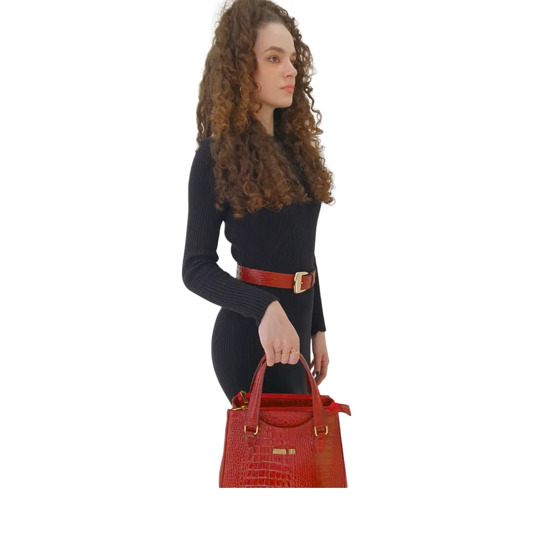 Bolsa Couro Legítimo Vermelho Croco Com Alça de Mão e Tiracolo Removível