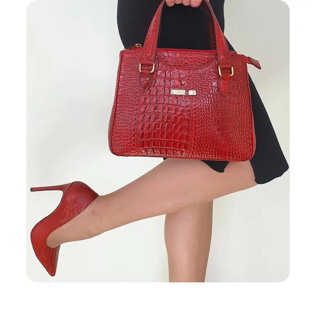 Bolsa Couro Legítimo Vermelho Croco Com Alça de Mão e Tiracolo Removível