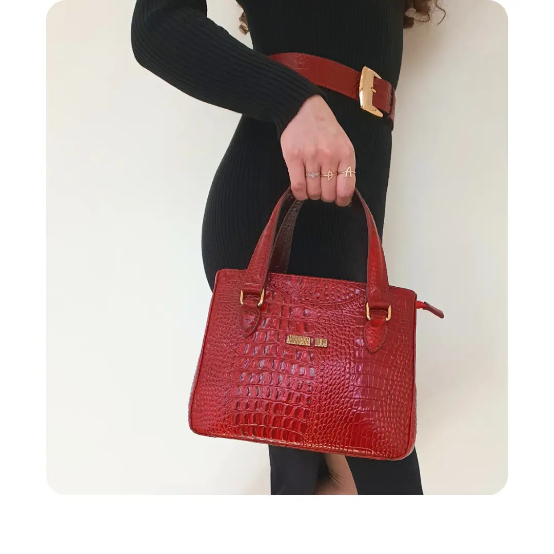 Bolsa Couro Legítimo Vermelho Croco Com Alça de Mão e Tiracolo Removível