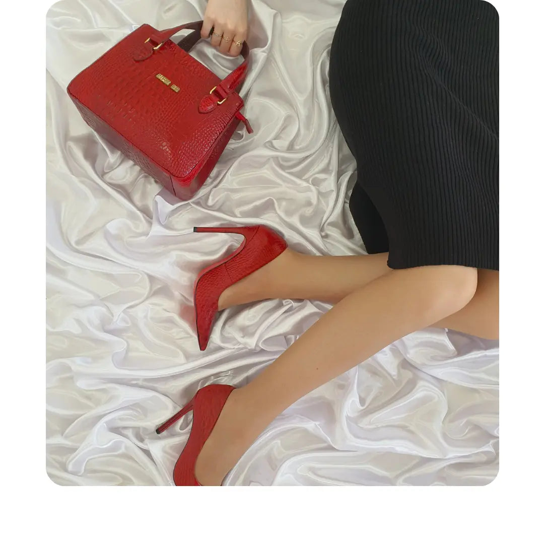 Bolsa Couro Legítimo Vermelho Croco Com Alça de Mão e Tiracolo Removível