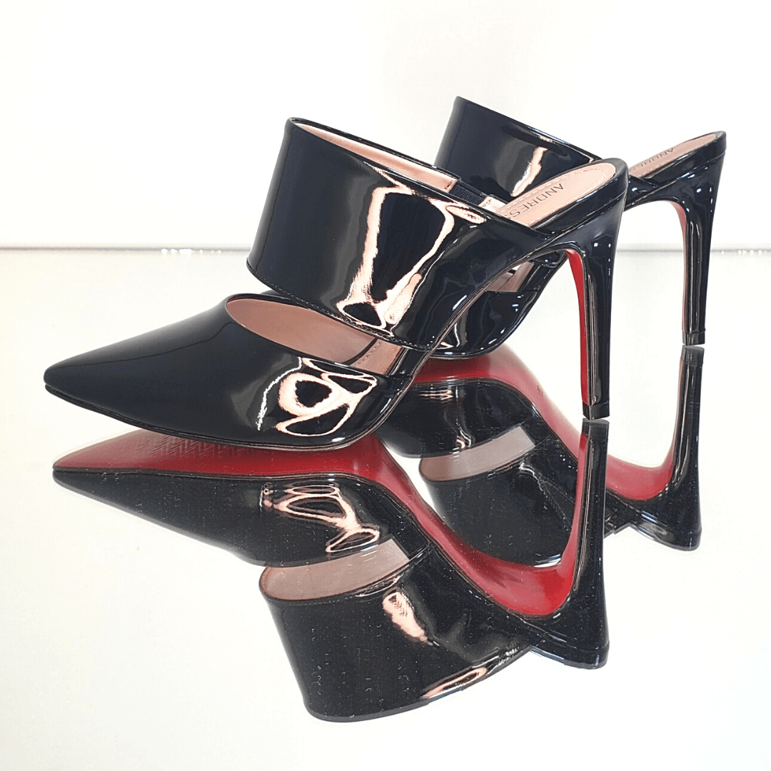 Mule Preto Verniz Salto Alto 10cm Sola Vermelha