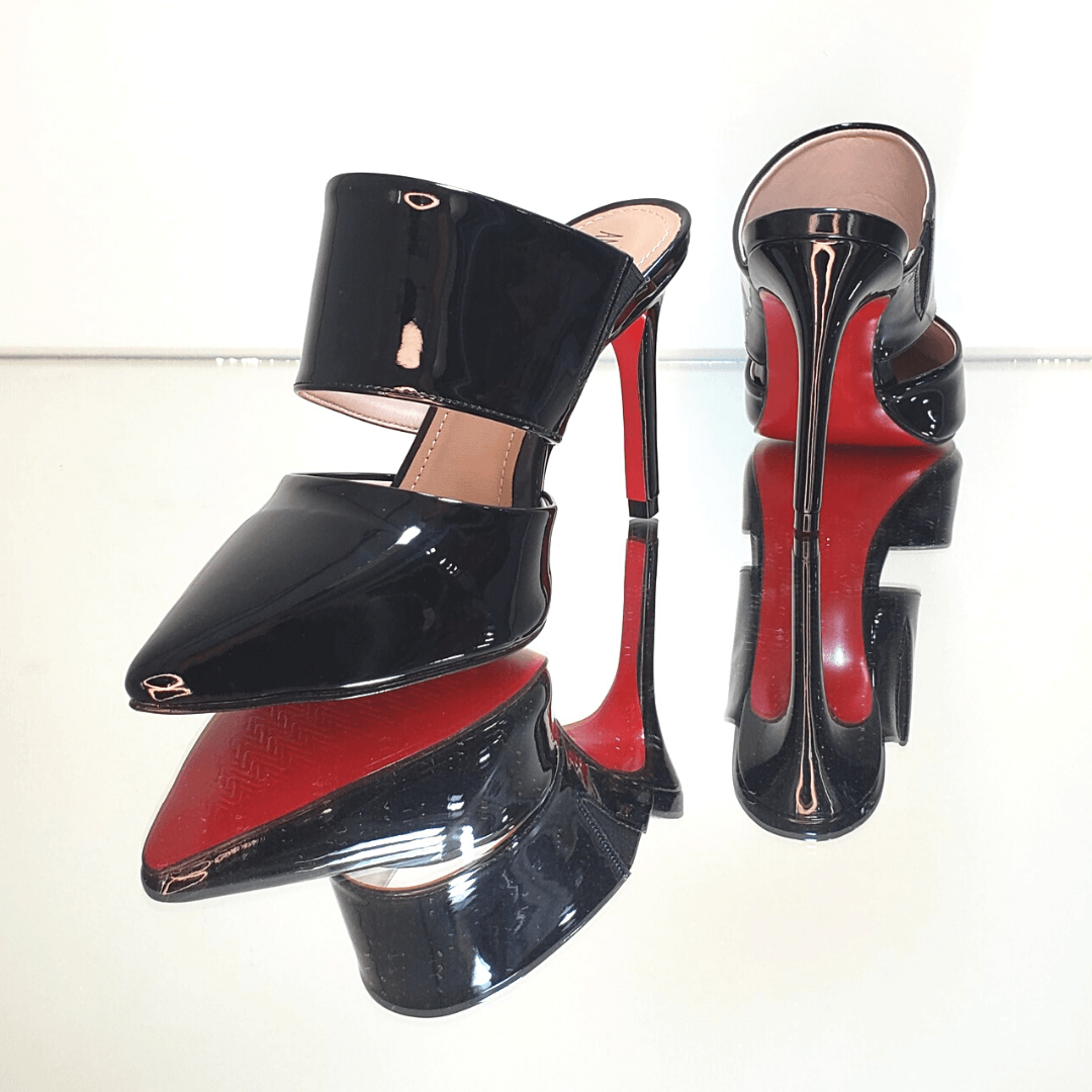 Mule Preto Verniz Salto Alto 10cm Sola Vermelha