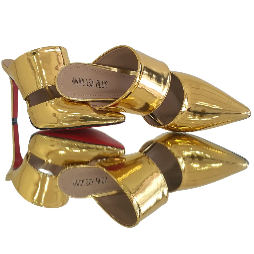 Mule Dourado Espelhado Salto Alto 10cm Sola Vermelha