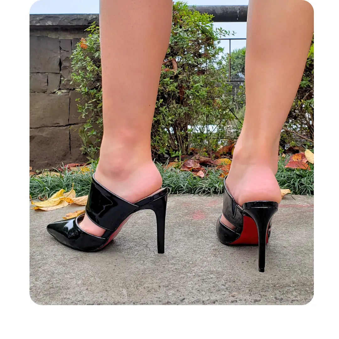 Mule Preto Verniz Salto Alto 10cm Sola Vermelha