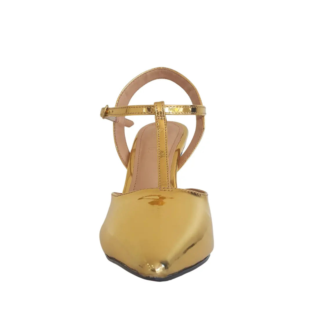 Scarpin Aberto Dourado Espelhado Salto Alto 10cm Sola Vermelha