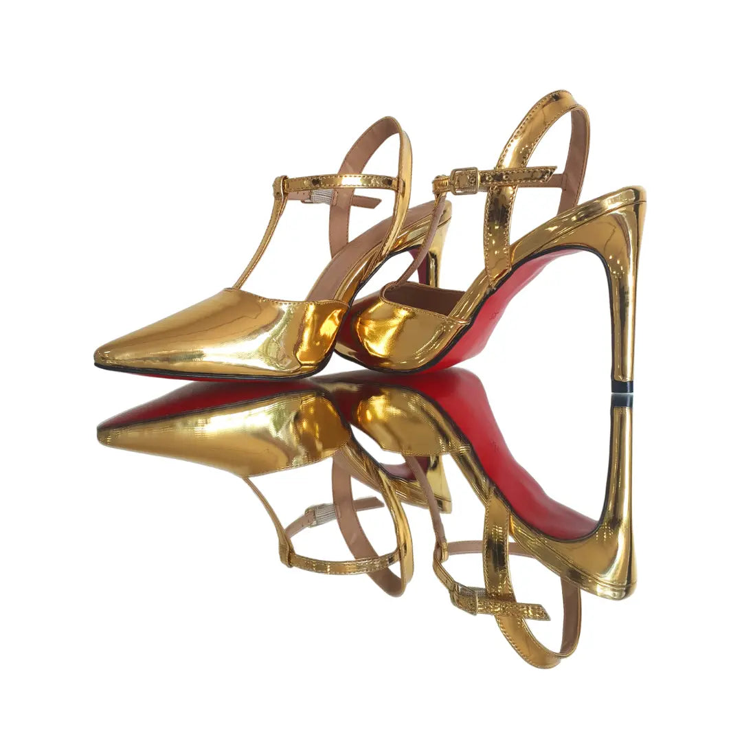 Scarpin Aberto Dourado Espelhado Salto Alto 10cm Sola Vermelha
