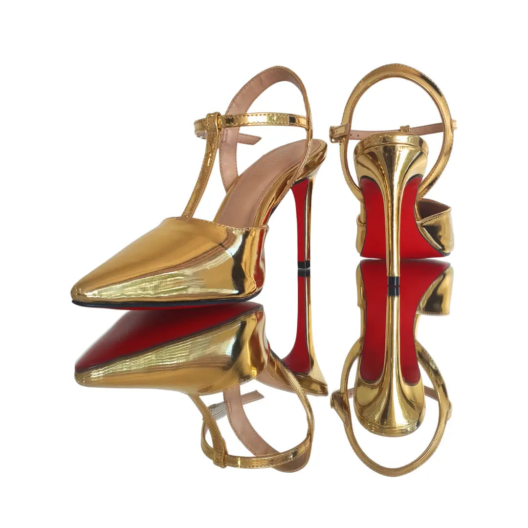 Scarpin Aberto Dourado Espelhado Salto Alto 10cm Sola Vermelha