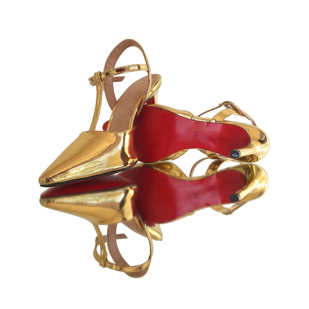 Scarpin Aberto Dourado Espelhado Salto Alto 10cm Sola Vermelha