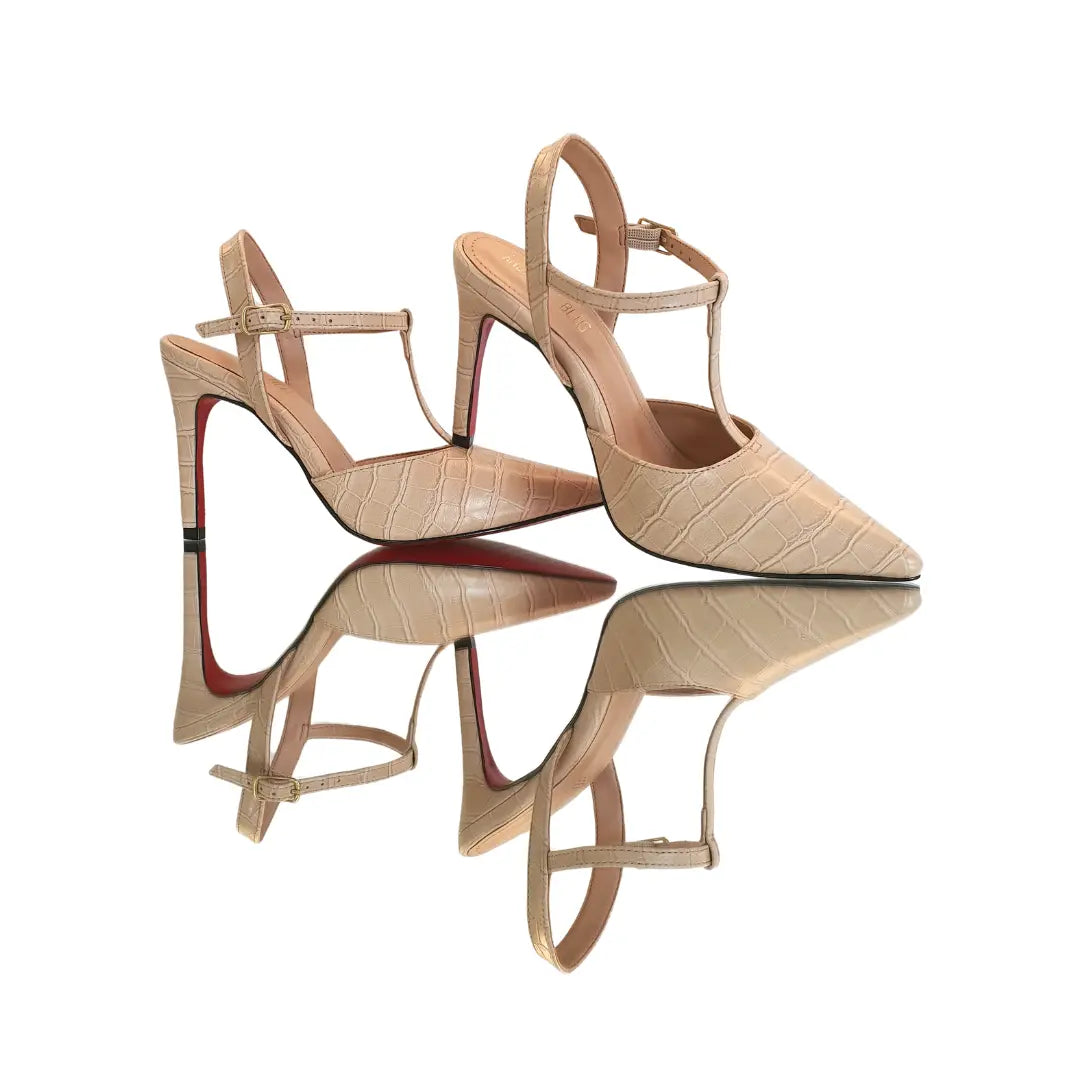 Scarpin Aberto Nude Croco Salto Alto 10cm Sola Vermelha