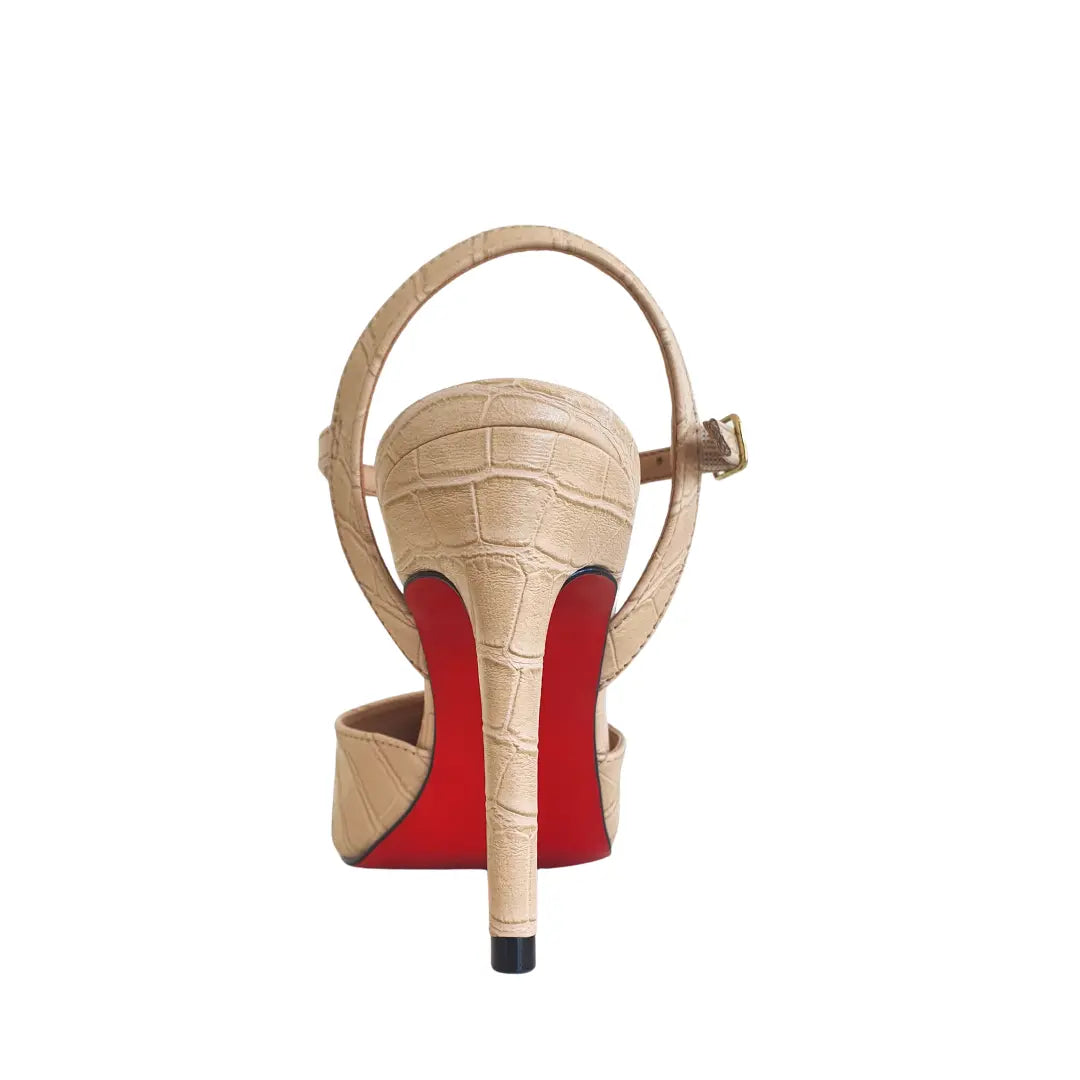 Scarpin Aberto Nude Croco Salto Alto 10cm Sola Vermelha