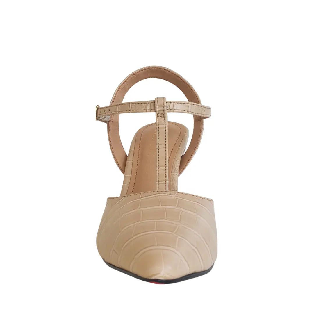 Scarpin Aberto Nude Croco Salto Alto 10cm Sola Vermelha