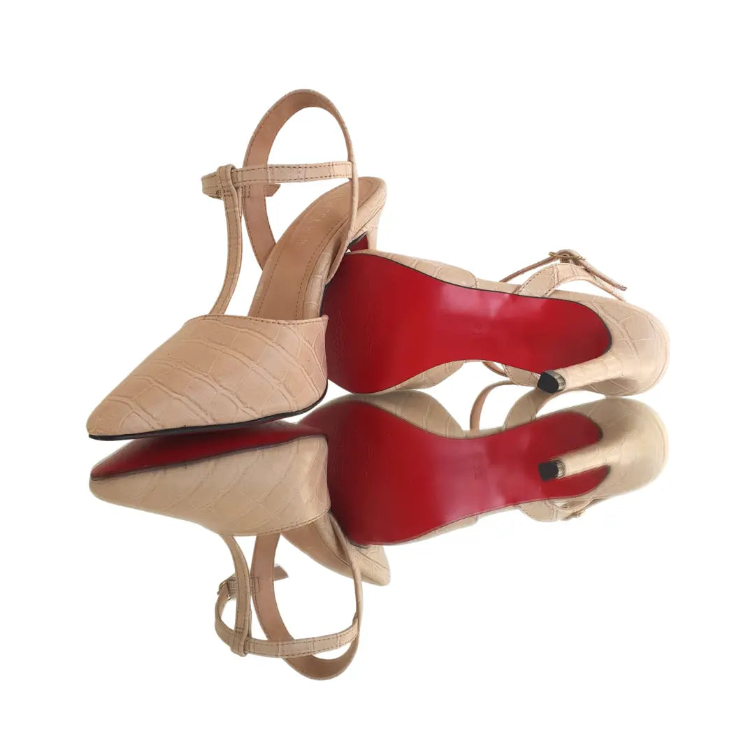 Scarpin Aberto Nude Croco Salto Alto 10cm Sola Vermelha
