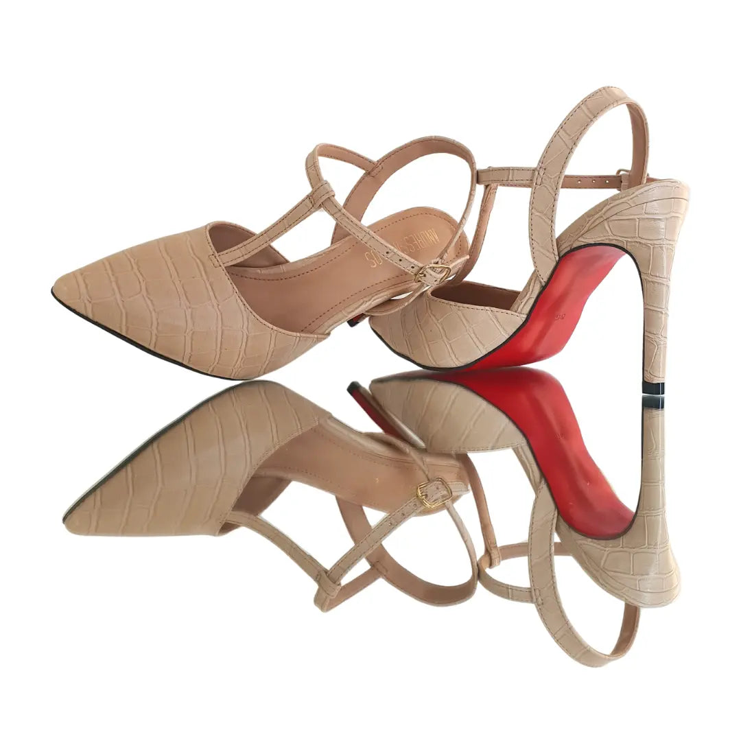 Scarpin Aberto Nude Croco Salto Alto 10cm Sola Vermelha