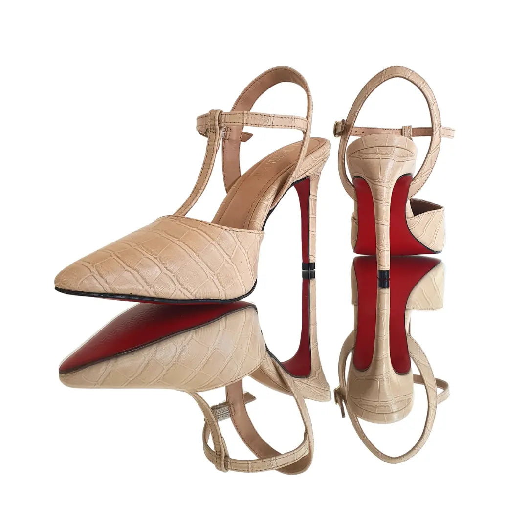Scarpin Aberto Nude Croco Salto Alto 10cm Sola Vermelha