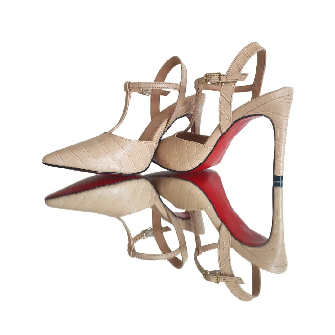 Scarpin Aberto Nude Croco Salto Alto 10cm Sola Vermelha