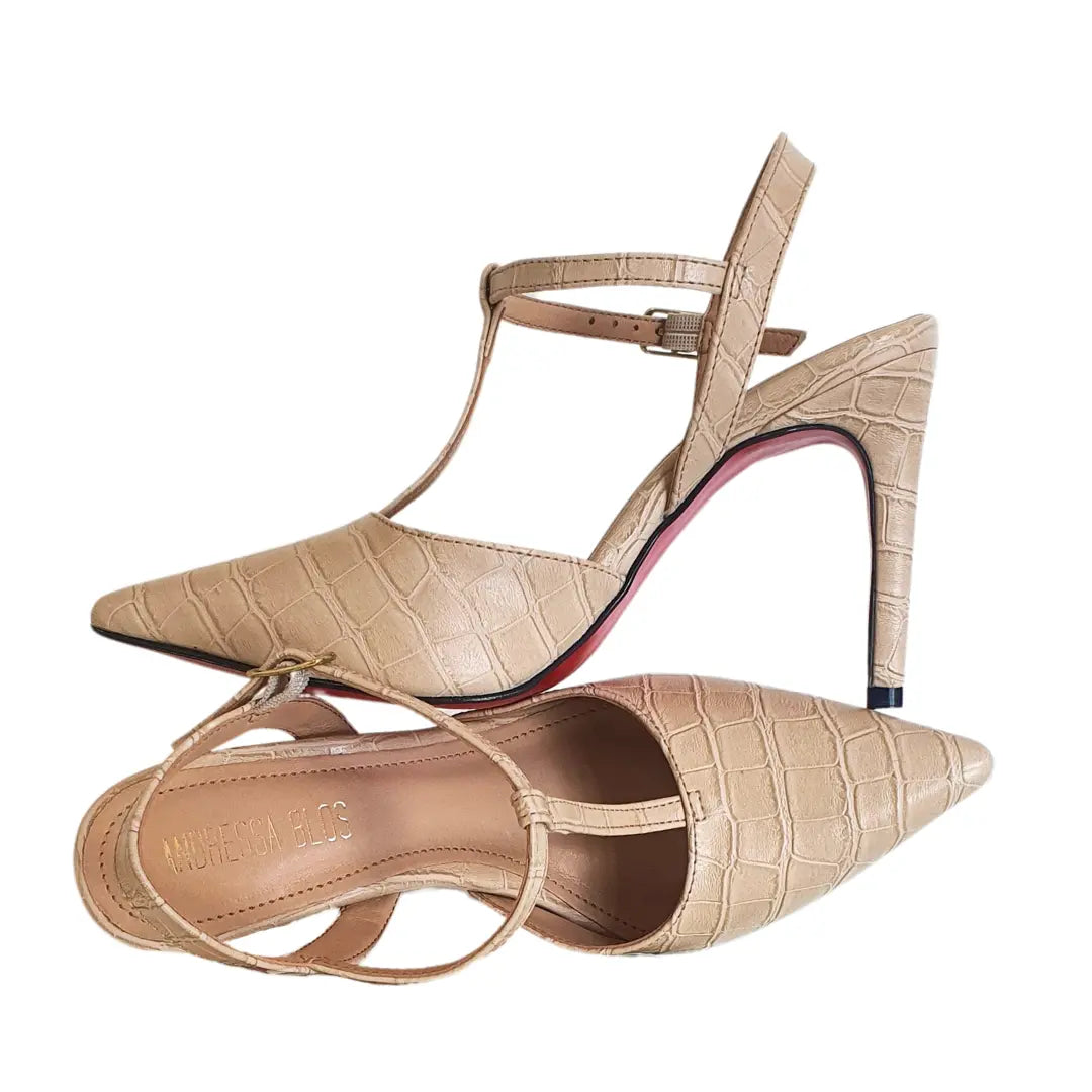 Scarpin Aberto Nude Croco Salto Alto 10cm Sola Vermelha