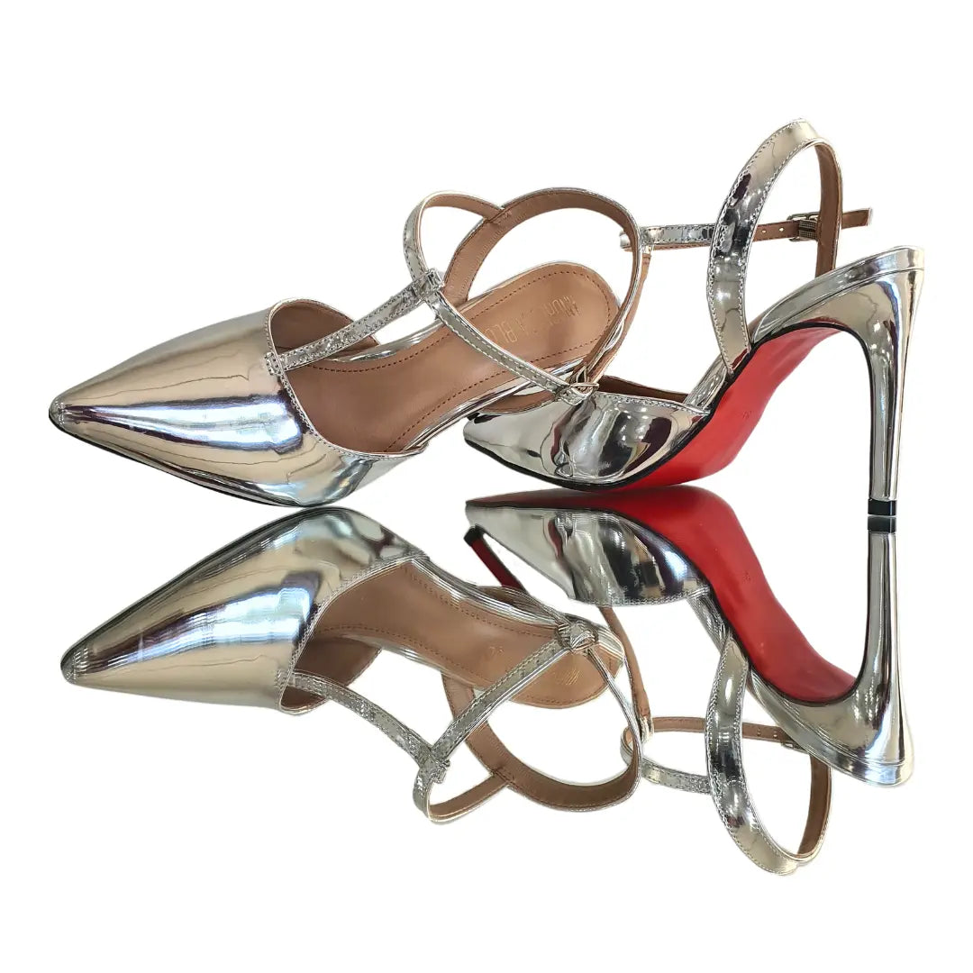 Scarpin Aberto Prata Espelhado Salto Alto 10cm Sola Vermelha