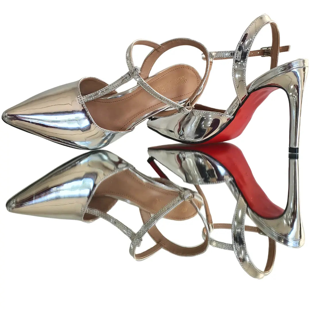 Scarpin Aberto Prata Espelhado Salto Alto 10cm Sola Vermelha