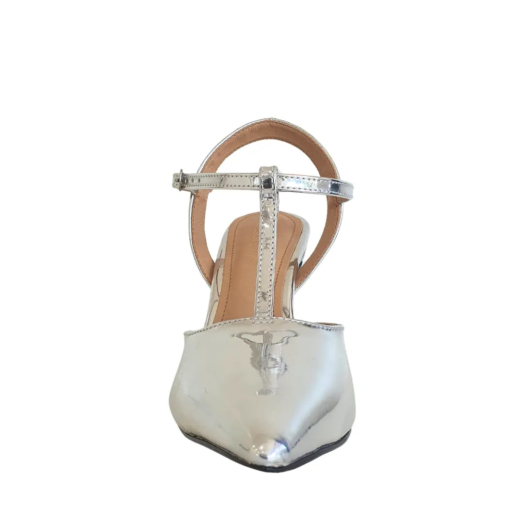 Scarpin Aberto Prata Espelhado Salto Alto 10cm Sola Vermelha
