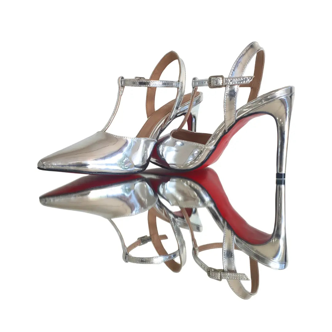 Scarpin Aberto Prata Espelhado Salto Alto 10cm Sola Vermelha