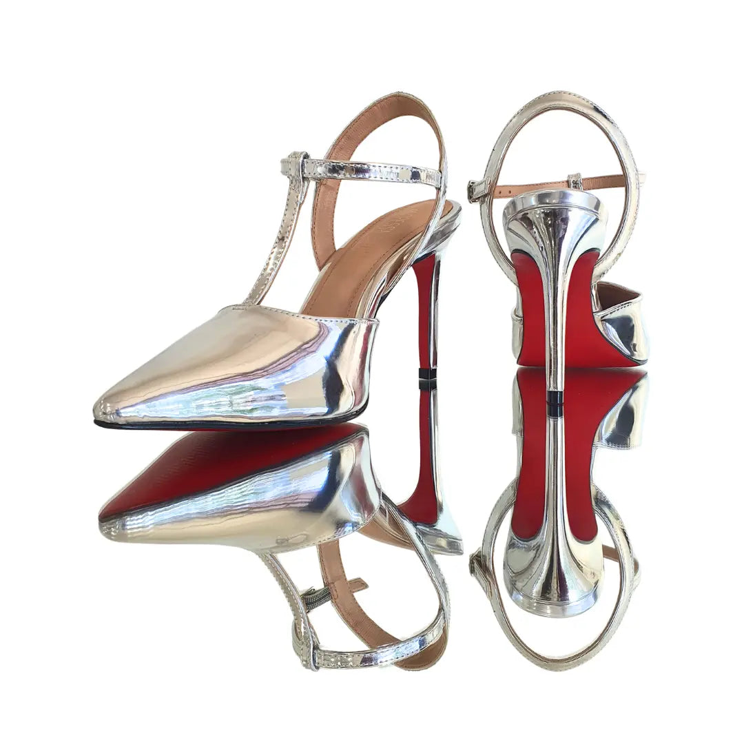 Scarpin Aberto Prata Espelhado Salto Alto 10cm Sola Vermelha