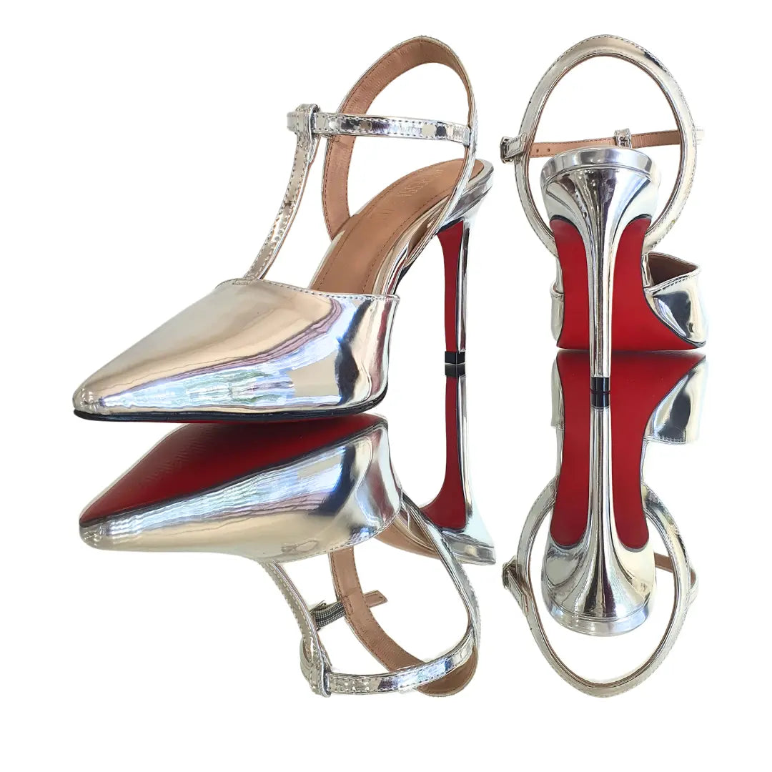 Scarpin Aberto Prata Espelhado Salto Alto 10cm Sola Vermelha
